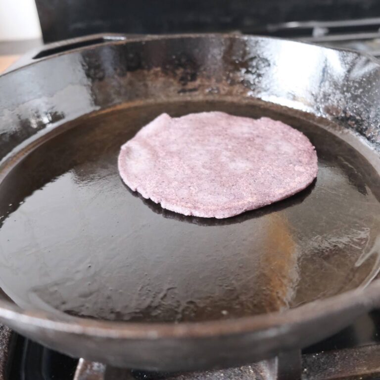 Blue corn tortilla in the pan