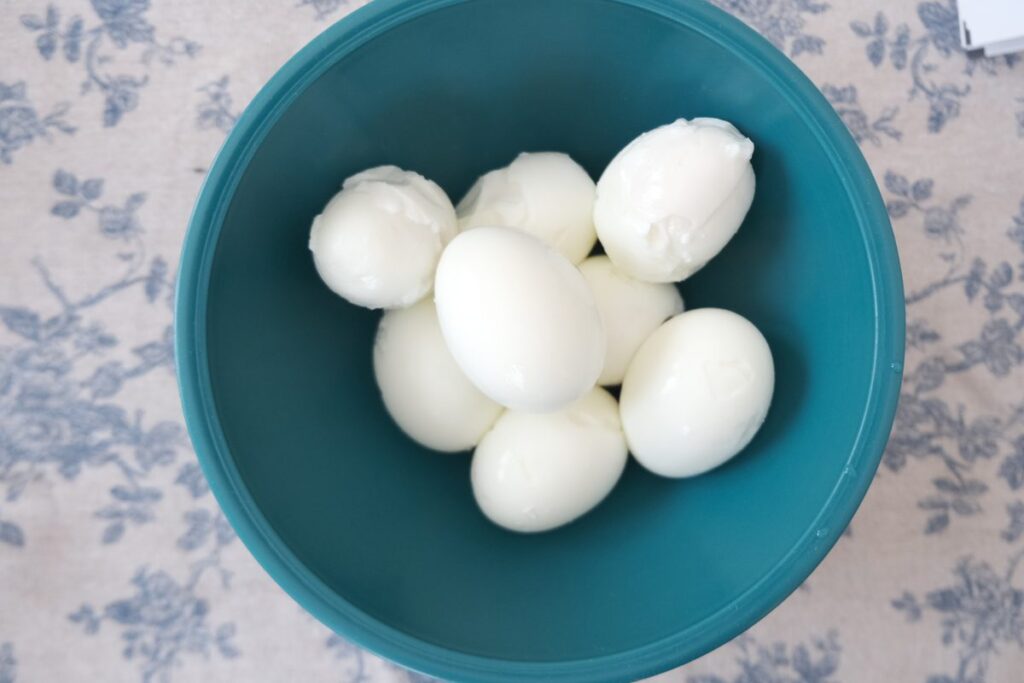 Peeled hard-boiled eggs